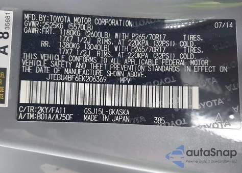 2014 Toyota Fj Cruiser from USA, damaged, VIN JTEBU4BF6EK206369